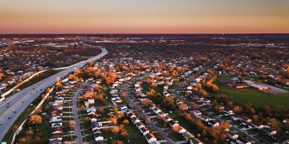 An aerial view of a suburban neighborhood in Cincinnati, Ohio.