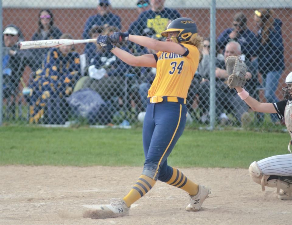 Avery Parker swings during a high school softball matchup between Gaylord and Traverse City Central on Tuesday, May 16.