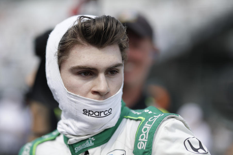 Colton Herta waits in the pits during qualifications for the Indianapolis 500 IndyCar auto race at Indianapolis Motor Speedway, Saturday, May 18, 2019, in Indianapolis. (AP Photo/Darron Cummings)