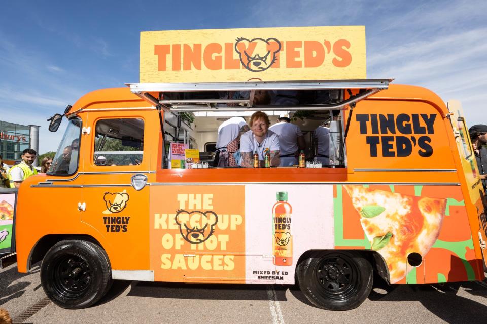 Ed Sheeran inside food van with 'Tingly Ted's' sign