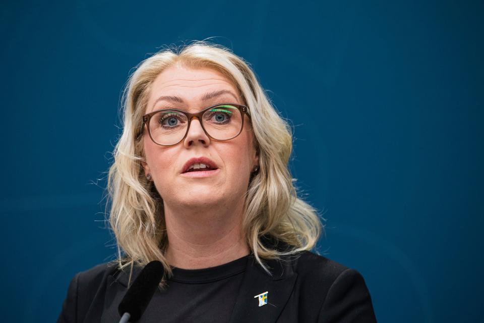 Swedish Minister for Health and Social Affairs Lena Hallengren speaks at a joint presser about the situation of the novel coronavirus COVID-19 at the government headquarters in Stockholm, Sweden, on March 31, 2020. (Photo by Jonathan NACKSTRAND / AFP) (Photo by JONATHAN NACKSTRAND/AFP via Getty Images)