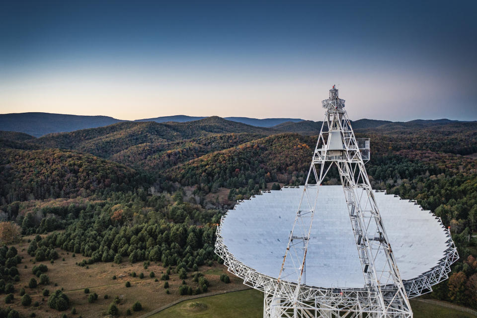 This undated photo provided by researchers in June 2023 shows the Green Bank Observatory in Green Bank, W. Va. This and several other telescopes around the world were used to observe the slow gravitational waves — faint ripples made by massive black holes — that are constantly stretching and squeezing everything in the universe ever so slightly, described in a report released on Wednesday, June 28, 2023. (Jay Young/Green Bank Observatory via AP)