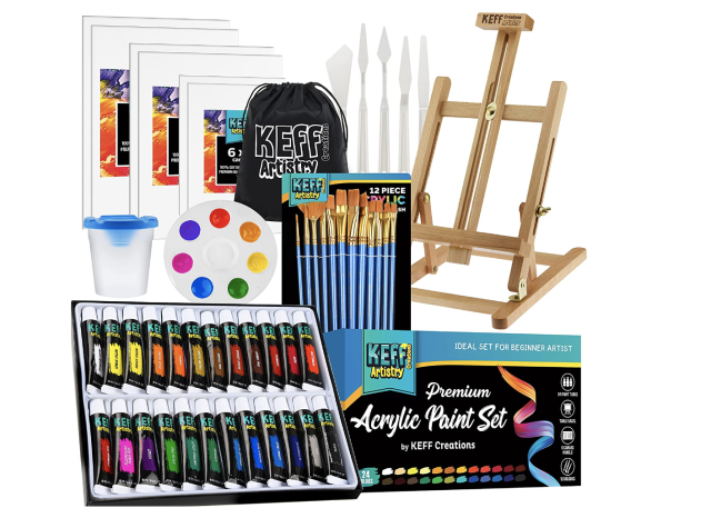 KEFF Oil Paint Set for Adults and Kids - Oil Painting Art Kits Supplies  with Oil Based Paints, Stretched Canvas, Table Easel, Brushes, Palette,  Knives