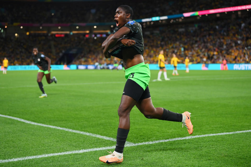 BRISBANE, AUSTRALIA - JULY 27: Asisat Oshoala of Nigeria celebrates after scoring her team&#39;s third goal during the FIFA Women&#39;s World Cup Australia & New Zealand 2023 Group B match between Australia and Nigeria at Brisbane Stadium on July 27, 2023 in Brisbane, Australia. (Photo by Justin Setterfield/Getty Images)