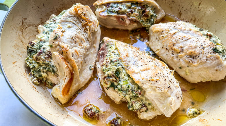 Stuffed chicken Valentino in pan