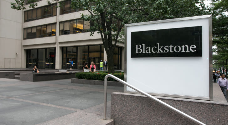 Image of Blackstone (BX) sign outside building near a set of stairs