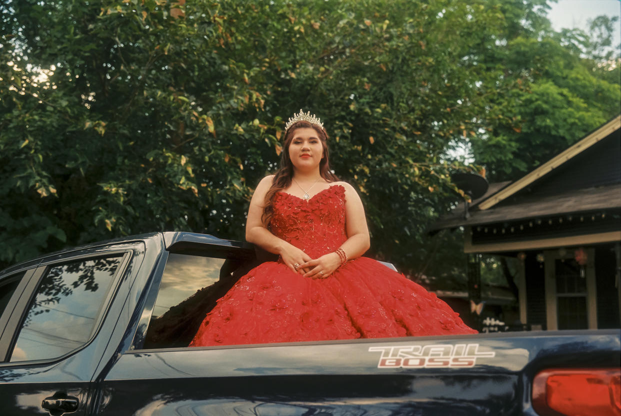 Youth leader Mirella Arianna Lupe Mena in a pickup truck that will ride to the polls. (Samanta Helou Hernandez for Harness)