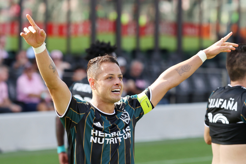 FORT LAUDERDALE, FLORIDA - APRIL 18: Javier "Chicharito" Hernandez #14 of Los Angeles Galaxy celebrates.