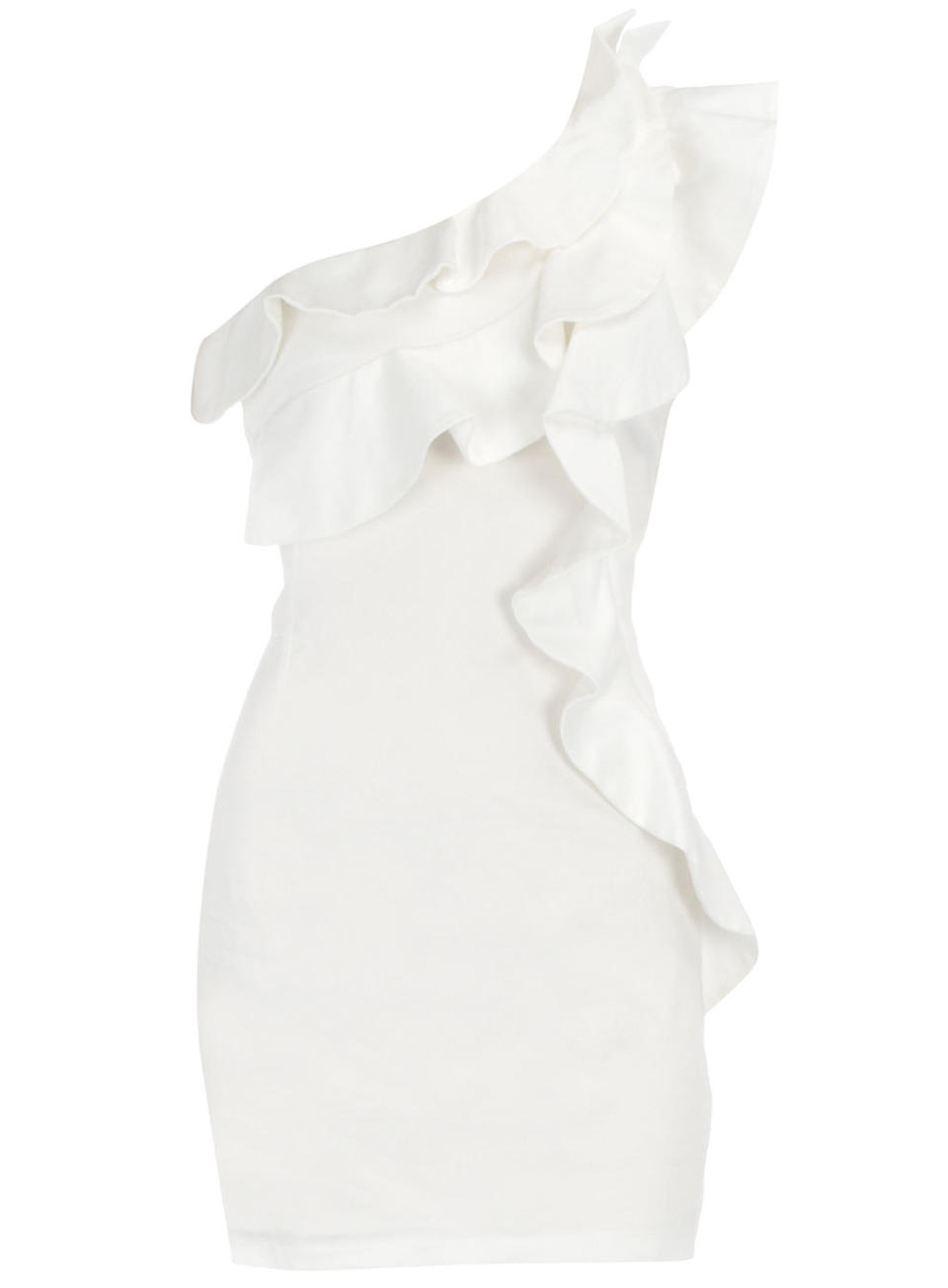 This cream-colored, one-shoulder ruffle dress is a nice sleeveless lookalike, available for $48.26.