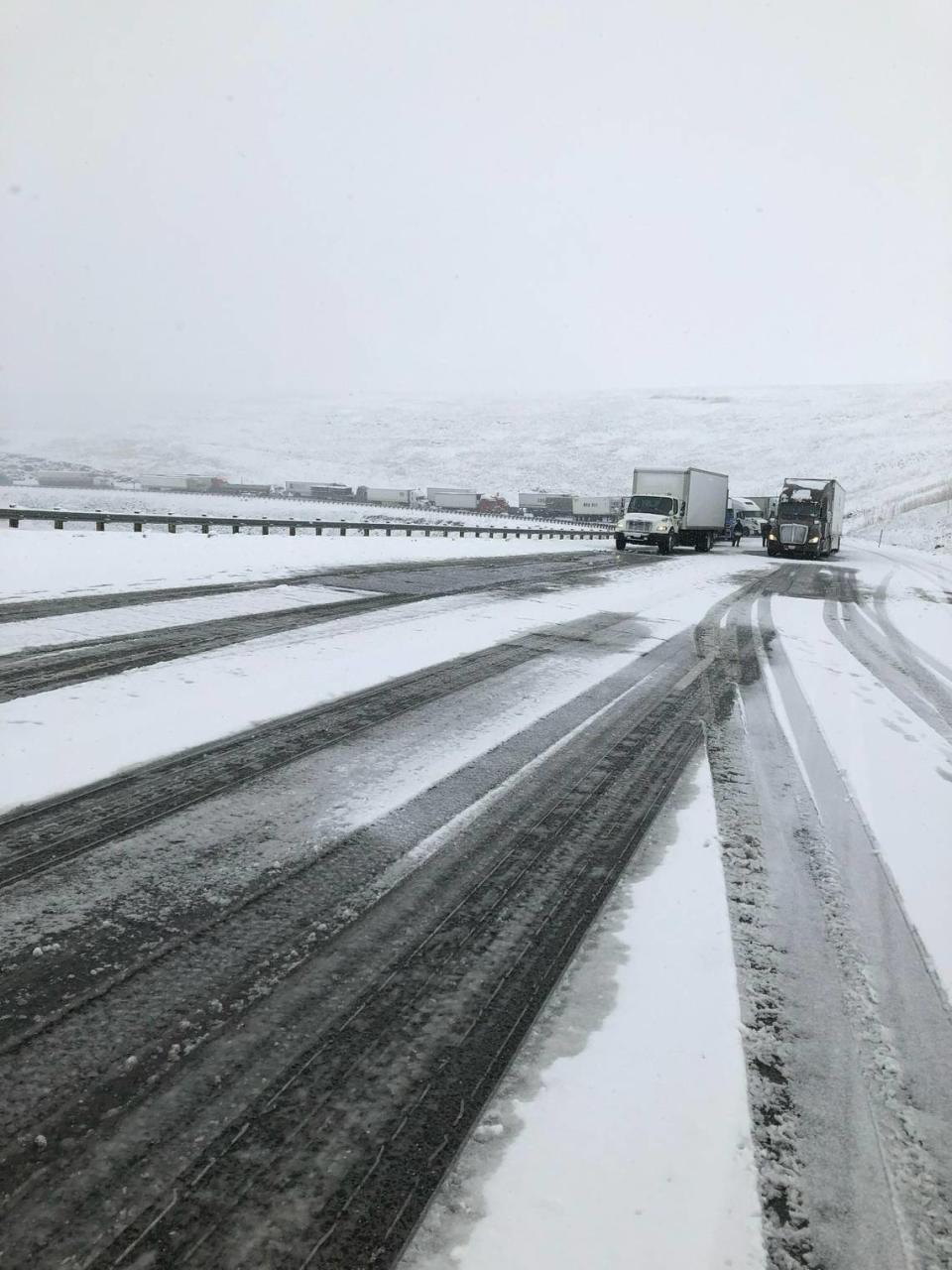 Interstate 84 was closed through Eastern Oregon Thursday after unchained trucks blocked lanes on Cabbage Hill just east of Pendleton.