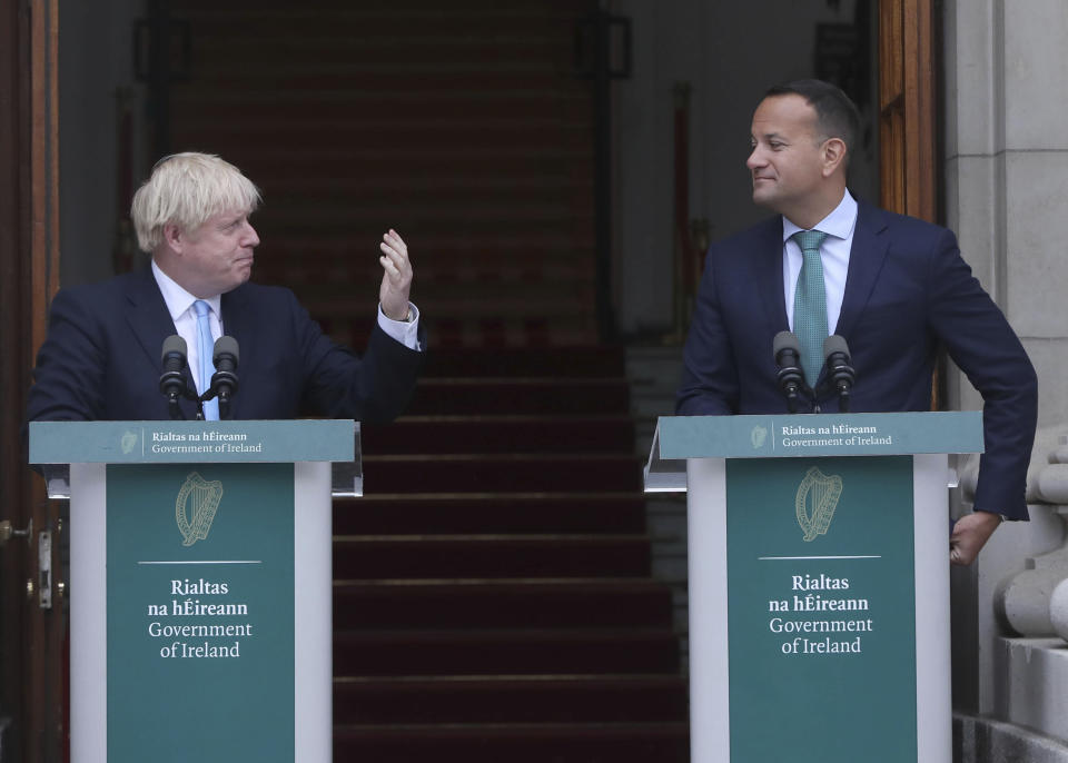 Britain's Prime Minister Boris Johnson, left, meets with Ireland's Prime Minister Leo Varadkar at Government Buildings in Dublin, Monday Sept. 9, 2019. Boris Johnson is to meet with Leo Varadkar in search of a compromise on the simmering Brexit crisis. (Niall Carson/PA via AP)