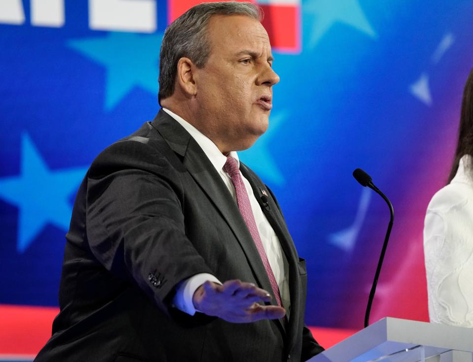 Former New Jersey Gov. Chris Christie during the Republican National Committee presidential primary debate hosted by NBC News at Adrienne Arsht Center for the Performing Arts of Miami-Dade County.