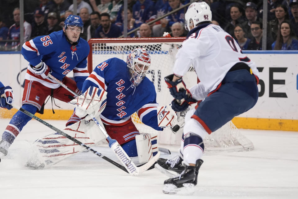 New York Rangers goaltender Igor Shesterkin (31) stops a shot by Columbus Blue Jackets' Alexander Nylander (92) during the second period of an NHL hockey game Wednesday, Feb. 28, 2024, in New York. (AP Photo/Frank Franklin II)