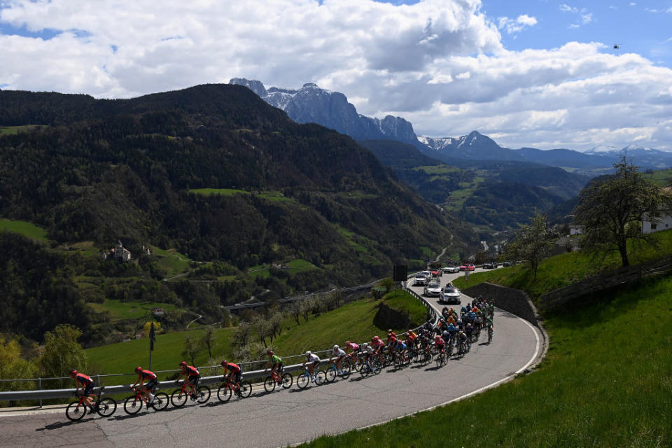 RITTEN ITALY  APRIL 18 A general view of Tao Geoghegan Hart of United Kingdom and Team INEOS Grenadiers  Green leader jersey Alexander Cepeda of Ecuador and Team EF EducationEasypost  Blue mountain jersey and the peloton compete climbing to the Barbian 834m during the 46th Tour of the Alps 2023  Stage 2 a 1652km stage from Reith im Alpbachtal to Ritten 1174m on April 18 2023 in Reith im Alpbachtal Italy Photo by Tim de WaeleGetty Images