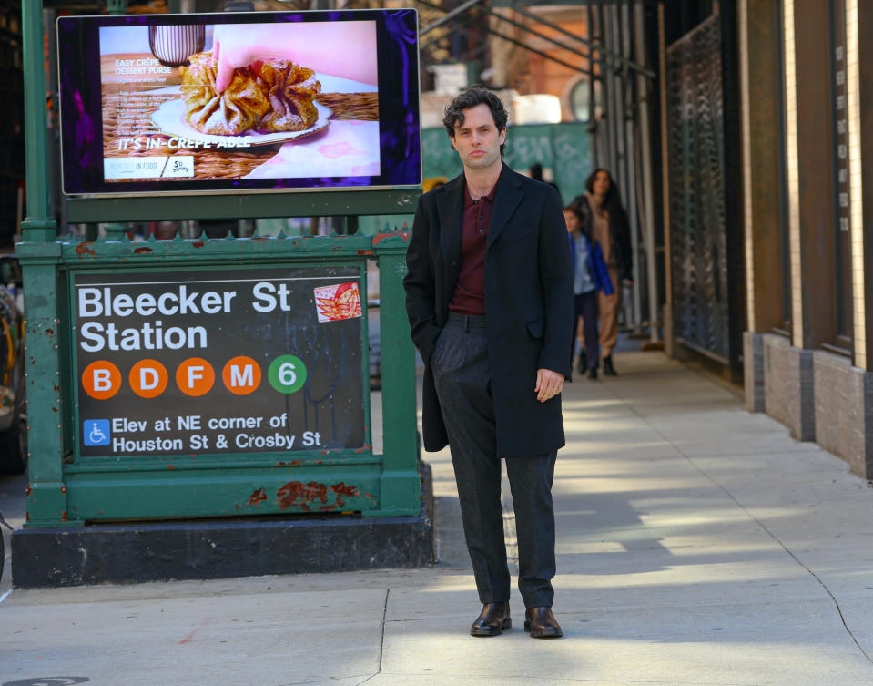 NEW YORK, NY - MARCH 25: Penn Badgley is seen on the film set of 'You' season 5 TV Series on March 25, 2024 in New York City. (Photo by Jose Perez/Bauer-Griffin/GC Images)