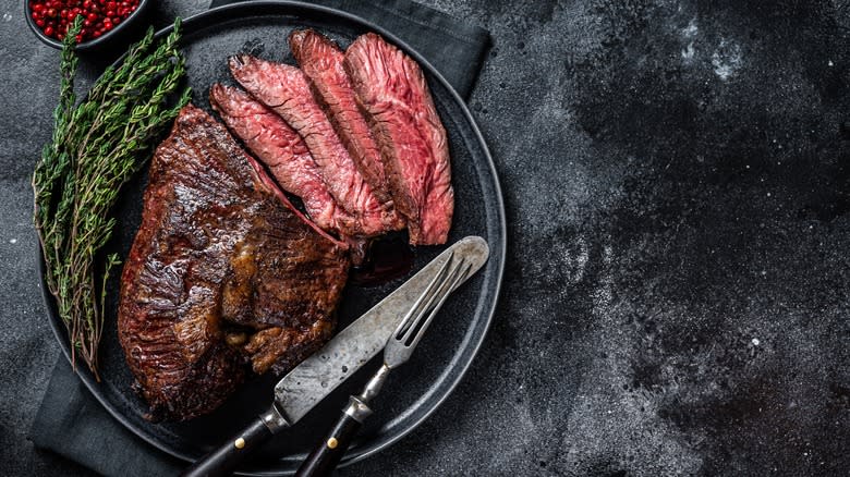 grilled hanger steak on plate