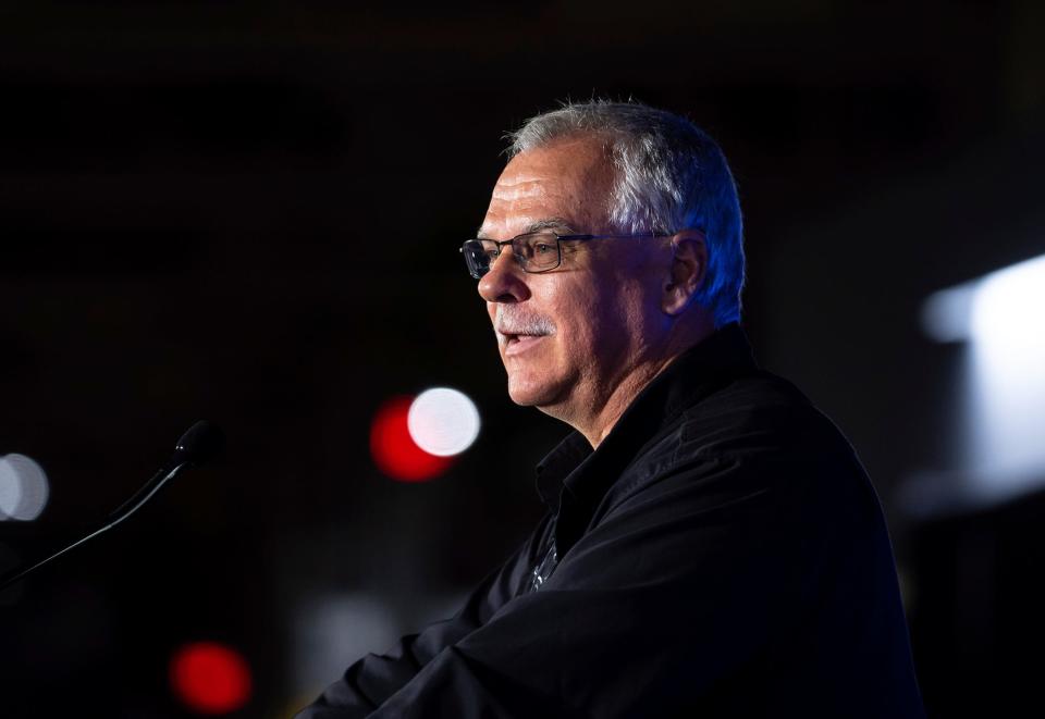 UAW GM VP Mike Booth speaks during an announcement of a multimillion-dollar investment into General Motors Flint Assembly while speaking to news media and employees with other officials in the Flint plant on Monday, June 5, 2023.