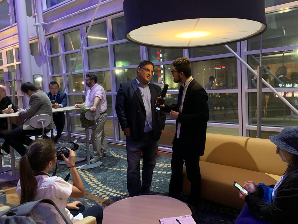 The Young Turks' Cenk Uygur speaks to a reporter about his run for the U.S. House of Representatives in California's 25th District at the Democratic Party Convention in Long Beach, Calif. on November 15, 2019.