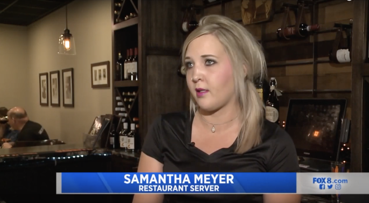 Samantha Meyer, a waitress in Ohio, received a $1,070 tip on a $122 bill. (Screenshot: YouTube/Fox 8)