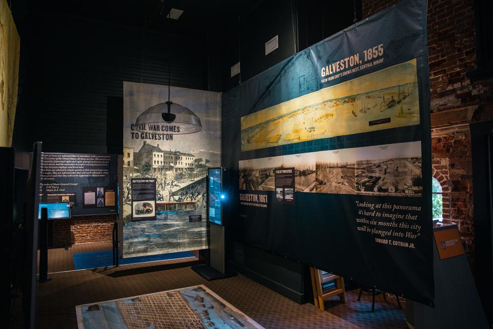Among the many hypnotic aspects to the new Juneteenth exhibit in Galveston are the maps, paintings and photos of the historic port. A beautiful birds-eye-view map adorns a mat on the floor of the first room.