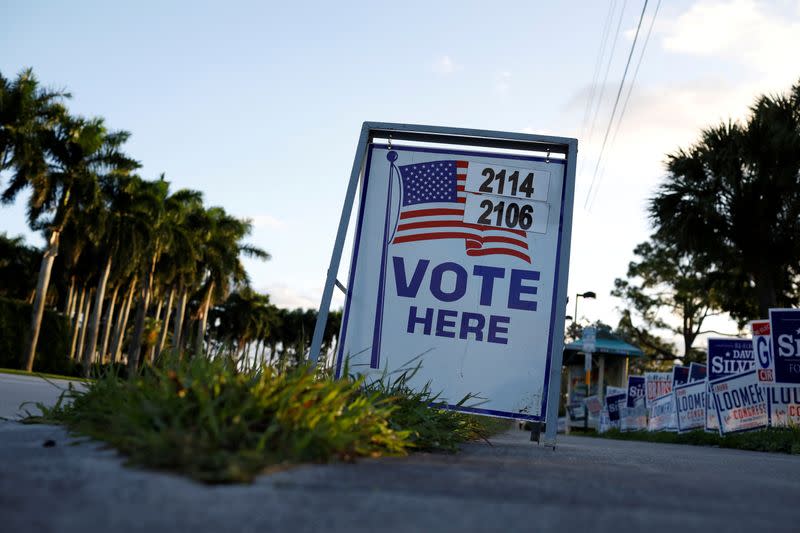 FILE PHOTO: Vote signs outside Palm Beach County Public Library polling station during the 2020 presidential election in Palm Beach