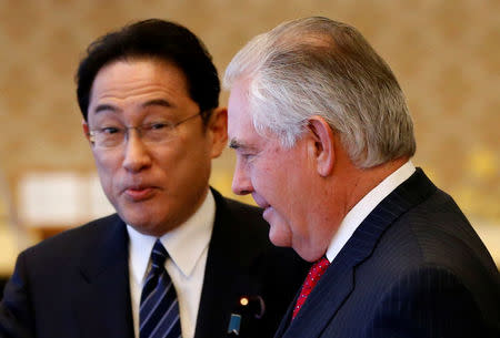 U.S. Secretary of State Rex Tillerson (R) meets with Japan's Foreign Minister Fumio Kishida before their meeting at the foreign ministry's Iikura guest house in Tokyo, Japan, March 16, 2017. REUTERS/Toru Hanai