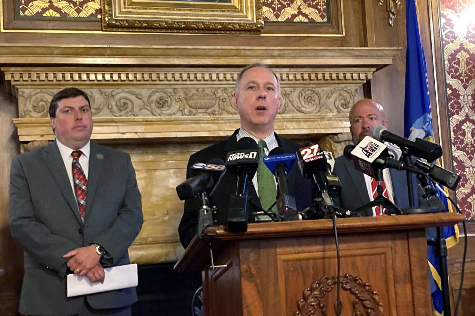 Wisconsin Assembly Speaker Robin Vos, the highest ranking Republican in the state, said he didn't know what a forensic audit of the state's 2020 presidential election results would prove on Tuesday, July 27, 2021, during a news conference in the state Capitol in Madison, Wis. Vos said that two other ongoing investigations were sufficient while disagreeing publicly with a GOP colleague who called for yet another, broader probe. (AP Photo/Scott Bauer)