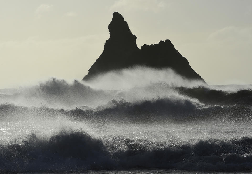 Gale force winds blow back the waves at Church Rock on Broad Haven Beach in Pembrokeshire, Wales, Britain, February 23, 2017. REUTERS/Rebecca Naden