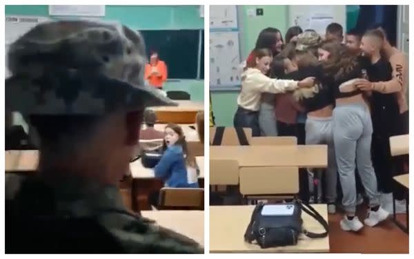 一名烏克蘭中學教師在2月24日俄羅斯入侵後就去前線當兵，近日悄悄地回到過去任教的班上。   圖：翻攝推特