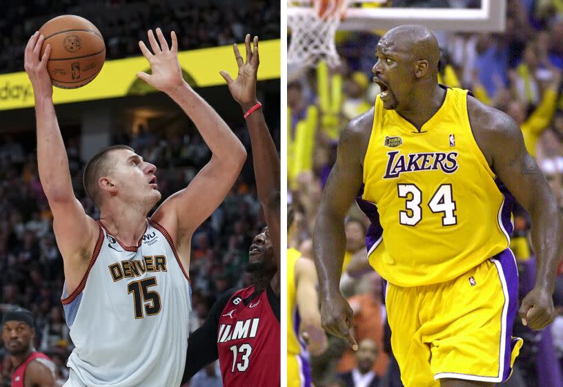 Left: Denver Nuggets center Nikola Jokic. Right: Los Angeles Lakers' Shaquille O'Neal