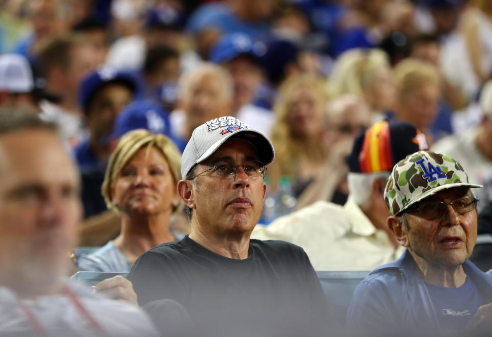 <p>LOS ANGELES, CA – OCTOBER 24: Comedian Jerry Seinfeld is seen during Game 1 of the 2017 World Series between the Houston Astros and the Los Angeles Dodgers at Dodger Stadium on Tuesday, October 24, 2017 in Los Angeles, California. (Photo by Alex Trautwig/MLB Photos via Getty Images) *** Local Caption *** </p>