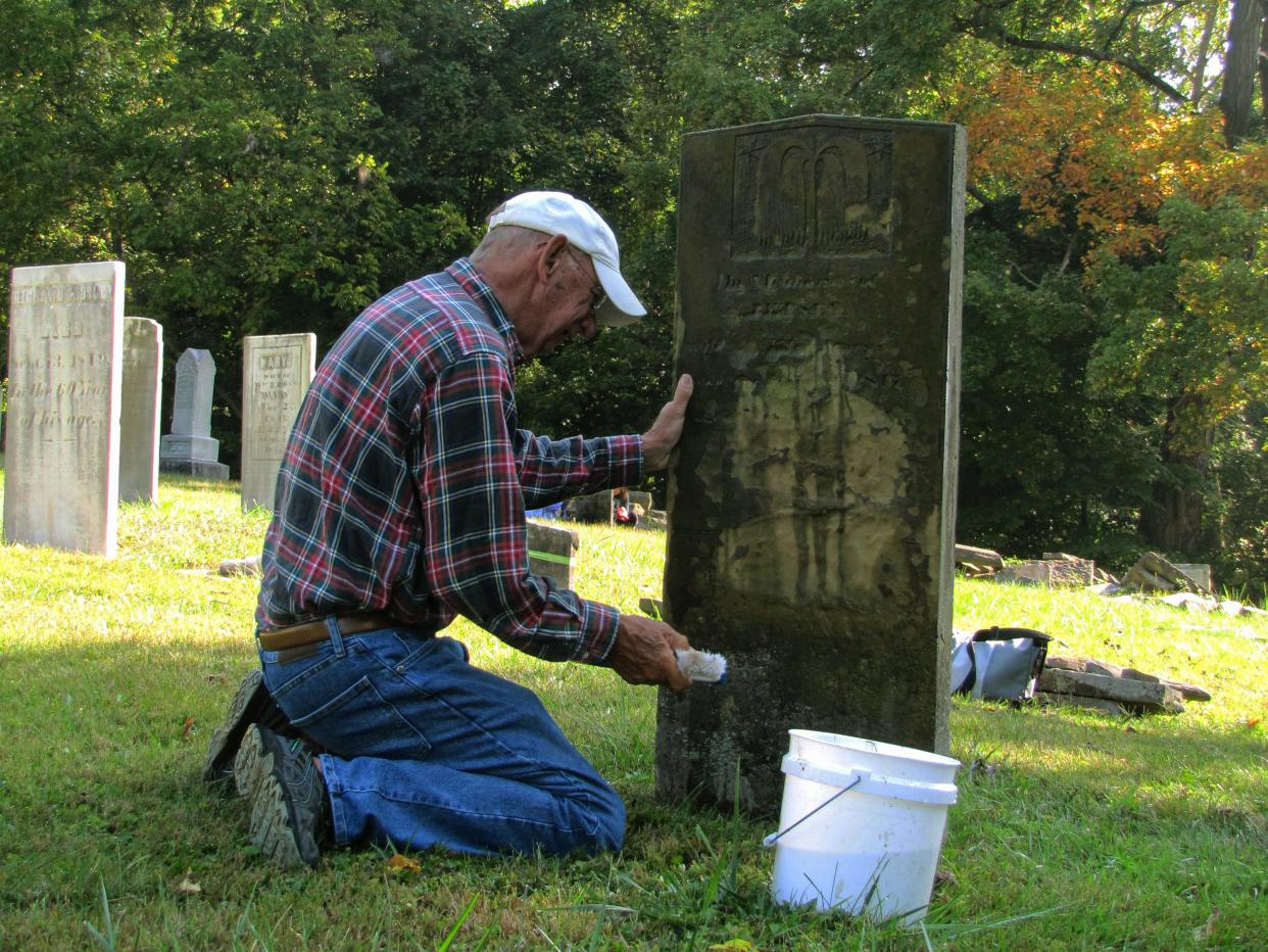 Tom Hankins has ancestors buried in the Old Colony Burying Ground cemetery in Granville, and helped restore headstones in late September.