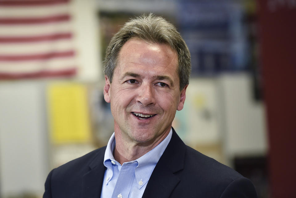 Montana Gov. Steve Bullock, Democratic presidential candidate, officially announces his campaign for president Tuesday, May 14, 2019, at Helena High School in Helena, Mont. Bullock is announcing he’s been endorsed in the Democratic presidential race by Iowa’s attorney general. It makes him the first 2020 candidate to receive the endorsement of a statewide elected official in Iowa. (Thom Bridge/Independent Record via AP)
