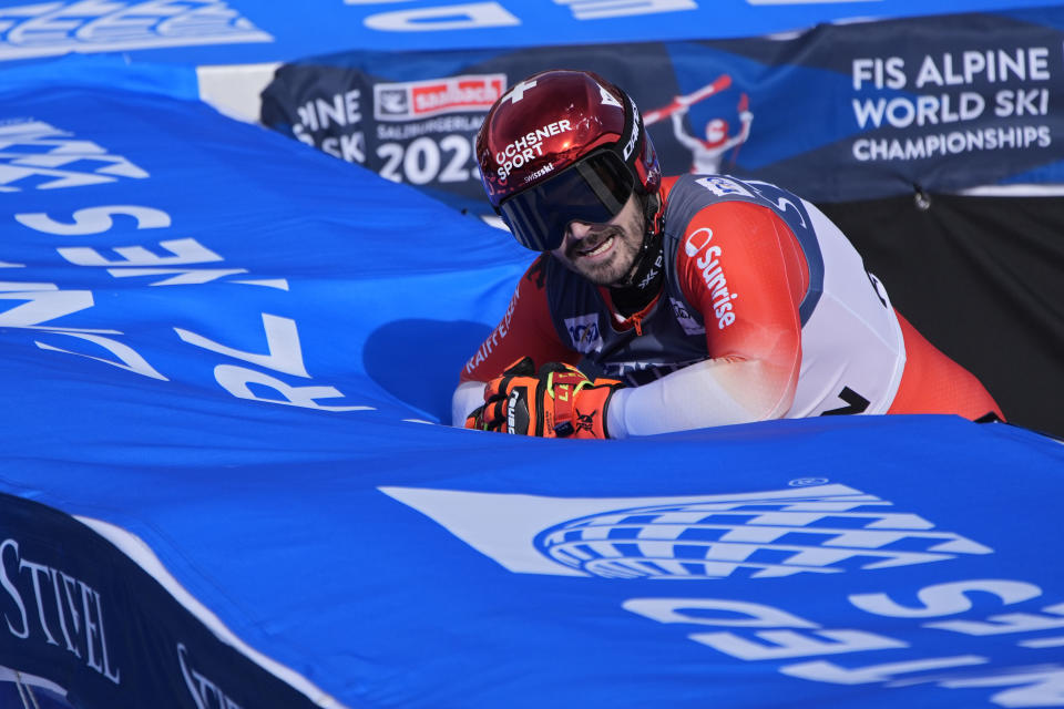 Switzerland's Loic Meillard reacts after his run during a men's World Cup giant slalom skiing race Saturday, March 2, 2024, in Aspen, Colo. (AP Photo/John Locher)