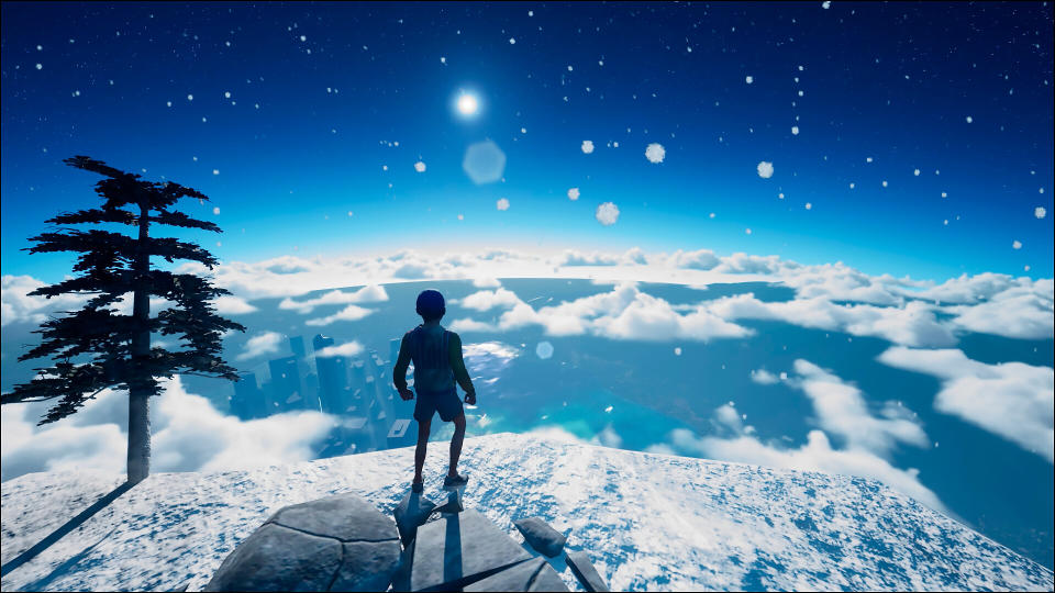 Captura de pantalla del juego 'Only Up!'  Un adolescente se encuentra en un pico nevado mirando las estrellas y las nubes y los edificios que se encuentran muy por debajo.