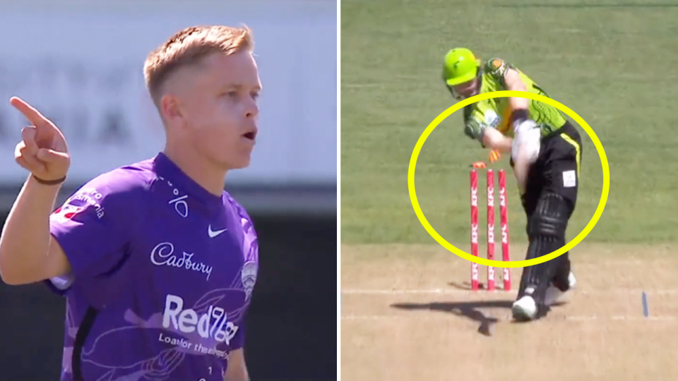 Nathan Ellis (pictured left) celebrating a wicket and (pictured right) McDonald bowled by Ellis.