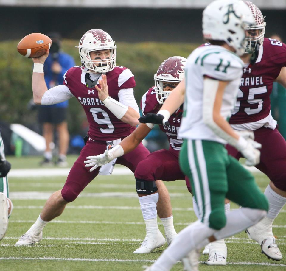 Caravel's Truman Auwerda throws in the first quarter of the DIAA Class 2A championship at Delaware Stadium, Saturday, Dec. 2, 2023.