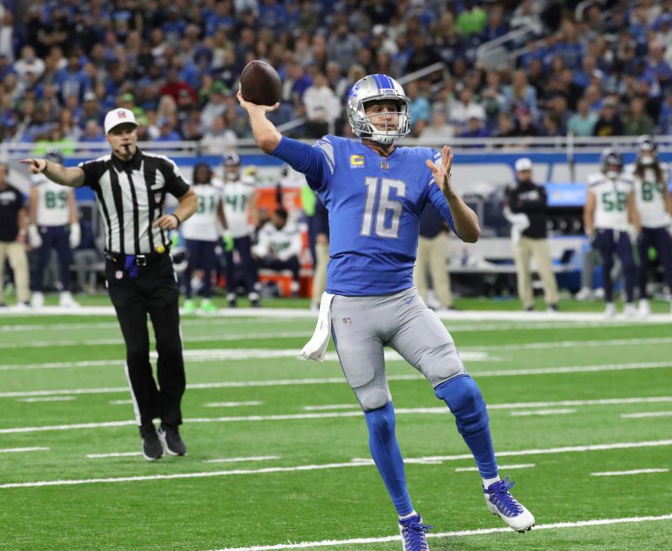 Oct 2, 2022; Detroit, Michigan, USA; Detroit Lions quarterback Jared Goff (16) passes against the Seattle Seahawks during first half action at Ford Field.