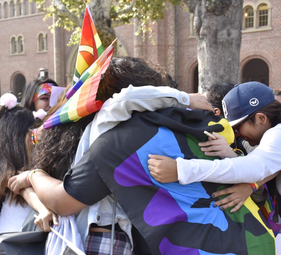 High schoolers embrace at the 2017 Models of Pride Conference at the University of Southern California.