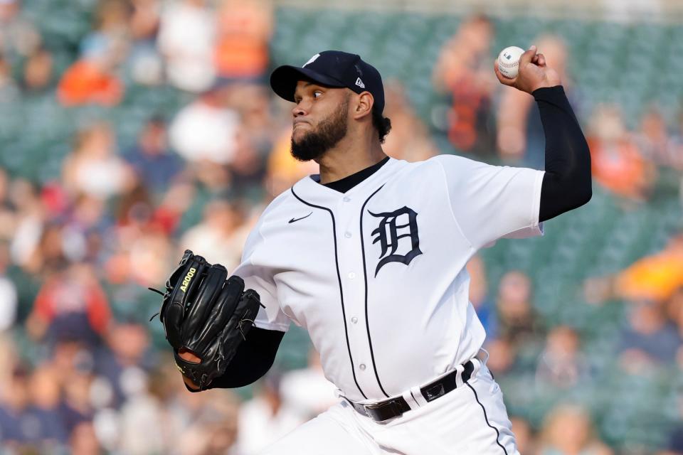 Tigers pitcher Eduardo Rodriguez pitches in the first inning against the Twins on Tuesday, Aug. 8, 2023, at Comerica Park.