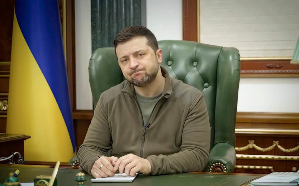 In this image from video provided by the Ukrainian Presidential Press Office and posted on Facebook early Saturday, March 12, 2022, Ukrainian President Volodymyr Zelensky pauses as he speaks in Kyiv, Ukraine.  -  Ukrainian Presidential Press Office