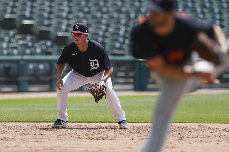 Detroit Tigers third baseman Spencer Torkelson waits on the play during an intrasquad baseball game, Friday, July 10, 2020, in Detroit. (AP Photo/Carlos Osorio)