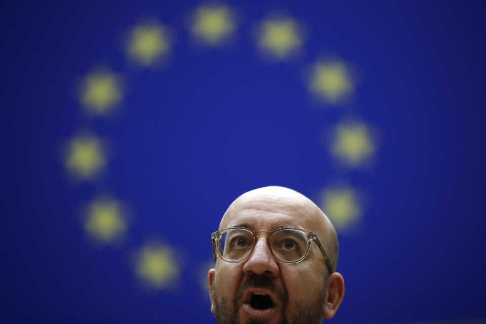 European Council President Charles Michel addresses European lawmakers during a plenary session on the inauguration of the new President of the United States and the current political situation, at the European Parliament in Brussels, Wednesday, Jan. 20, 2021. (AP Photo/Francisco Seco, Pool)