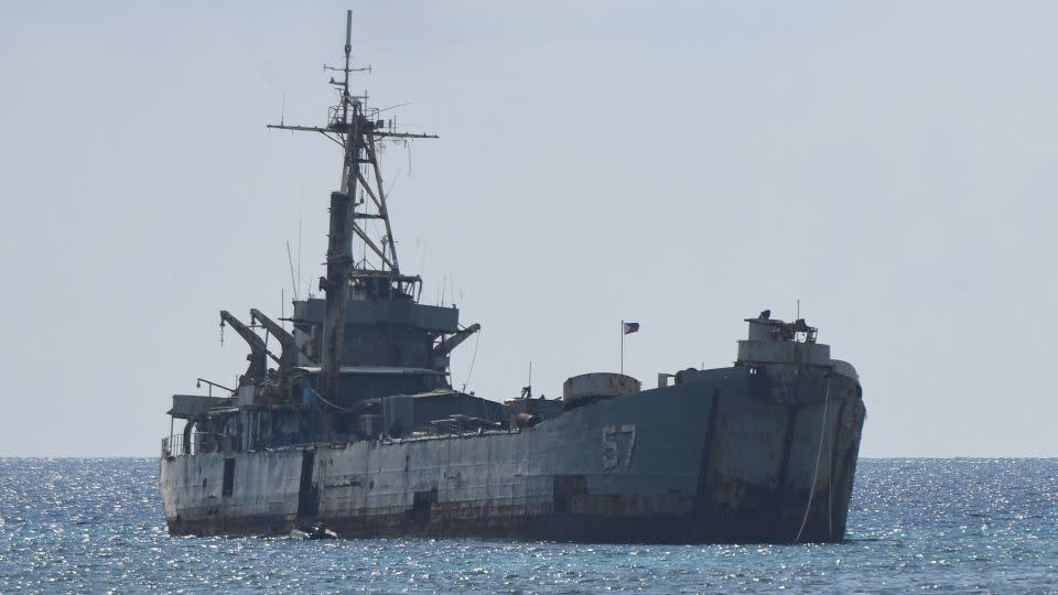 The grounded Philippine navy ship Sierra Madre, which Manila uses to stake its territorial claims at Second Thomas Shoal in the Spratly Islands in the disputed South China Sea, as pictured on April 23, 2023. - Ted Aljibe/AFP/Getty Images