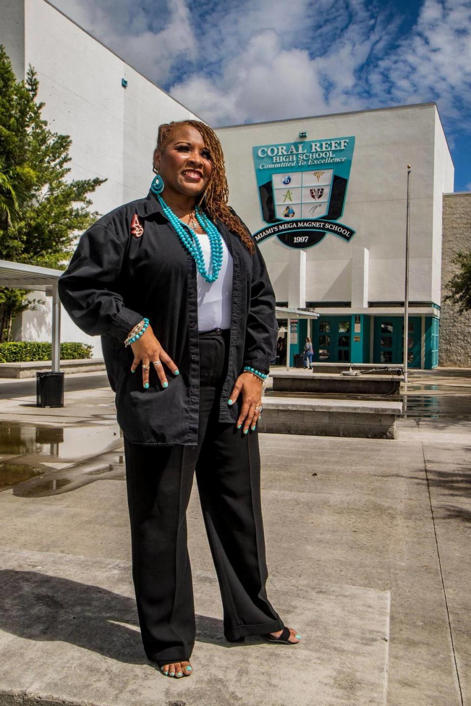 Nyree Washington at the entrance Friday to Coral Reef Senior High School, as she gets ready for the beginning of the new school year, which begins Wednesday for Miami-Dade Public Schools. She has been a teacher for 25 years. Despite Florida’s new education laws and politicians criticizing teachers to score political gains, she remains optimistic about the future of her profession.