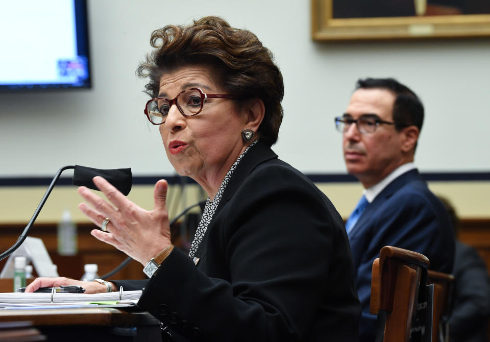 Treasury Secretary Steven Mnuchin listens while Small Business Administration Administrator Jovita Carranza speaks at a House Small Business Committee hearing at the U.S. Capitol on July 17, 2020 in Washington, DC. (Kevin Dietsch-Pool/Getty Images)