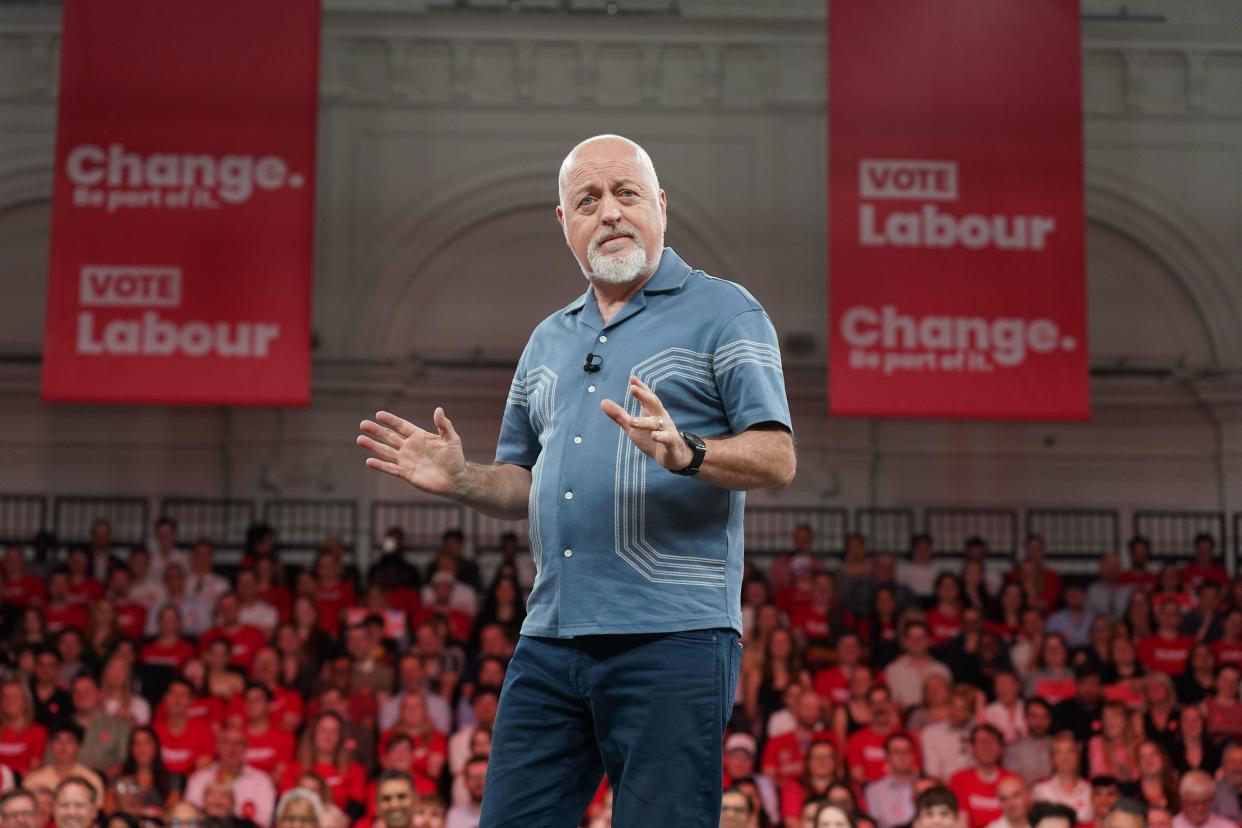 Musician and comedian Bill Bailey speaking at a major campaign event at the Royal Horticultural Halls in central London, while on the General Election campaign trail. Picture date: Saturday June 29, 2024.