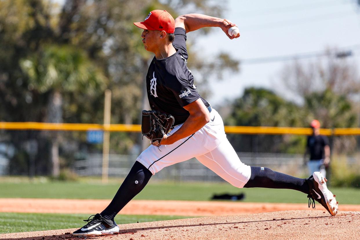 Detroit Tigers pitcher Wilmer Flores throws during spring training at TigerTown in Lakeland, Fla. on Wednesday, Feb. 21, 2024.