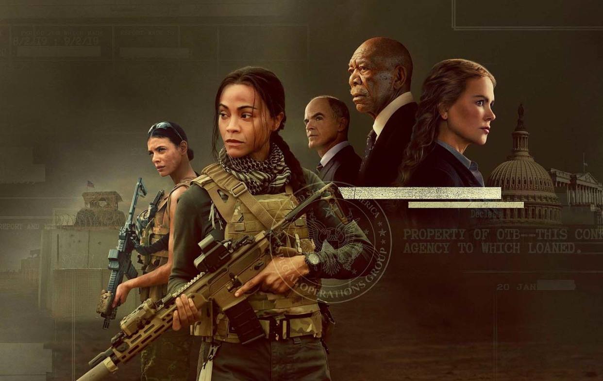 Laysla De Oliveira, Zoe Saldaña, Michael Kelly, Morgan Freeman y Nicole Kidman en el póster de 'Operrativo: Lioness' (Foto: Paramount+)