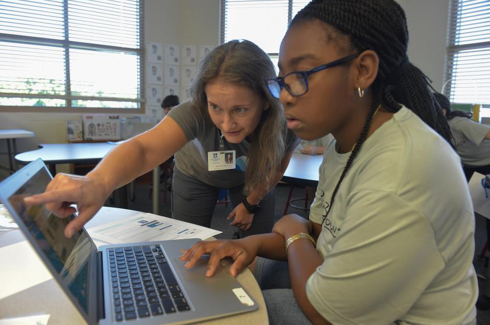 Kerschelyn Wilson, 10 (right), gets help from her teacher Chris Stephenson while working on designs during a class on 3D printing on Tuesday, June 11, 2019, at St. Edward's School in Indian River County. Twenty-three Indian River Academy Students are learning about 3D printing and Lego robotics as part of the fifth ProStudents summer camp at the Saint Edward's School.